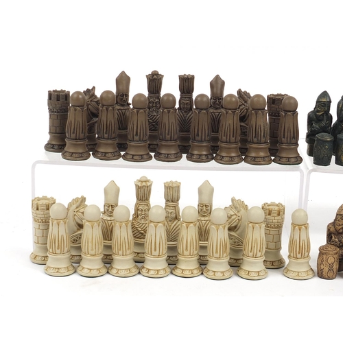 1241 - Two medieval style chess sets including an Isle of Lewis design example, the largest pieces each 11c... 