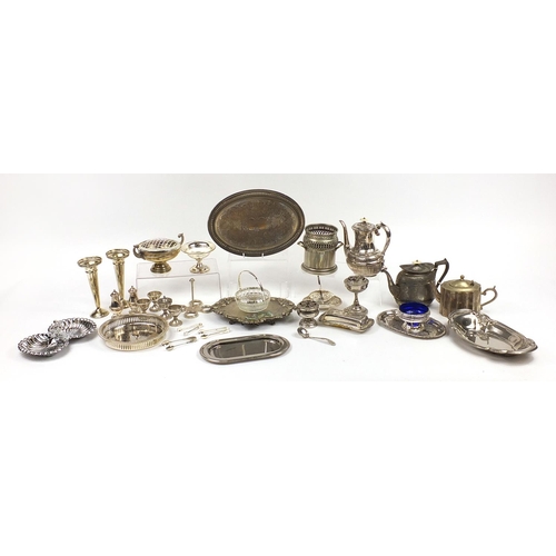1439 - Silver plated metalware including a bottle holder, teapots and a pair of tapering vases with Greek k... 