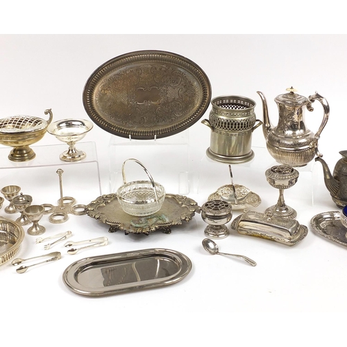 1439 - Silver plated metalware including a bottle holder, teapots and a pair of tapering vases with Greek k... 