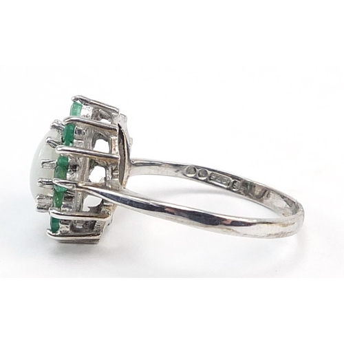 727 - 9ct white gold opal and emerald ring, size L, 2.0g