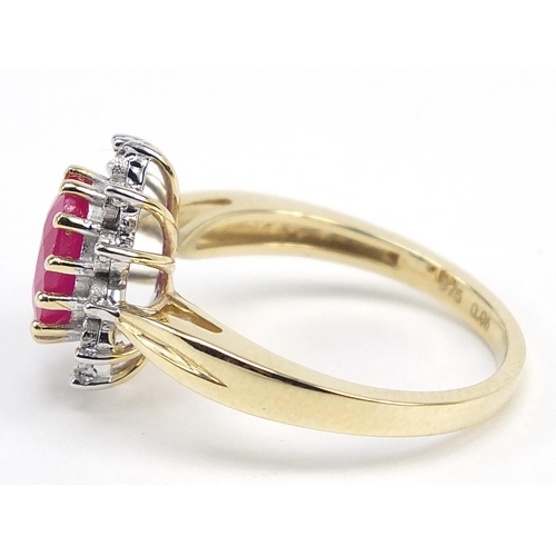 422 - 9ct gold ruby and diamond cluster ring, size M, 3.3g