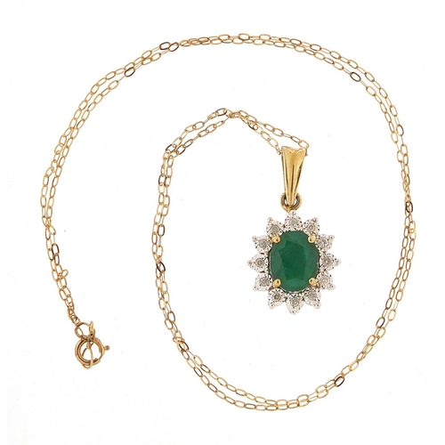 173 - Large 9ct gold emerald and diamond cluster pendant on a 9ct gold necklace, the pendant 2.5cm high, t... 