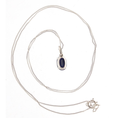 372 - Unmarked white gold sapphire pendant on a 9ct white gold necklace, 1.1cm high and 44cm in length, to... 