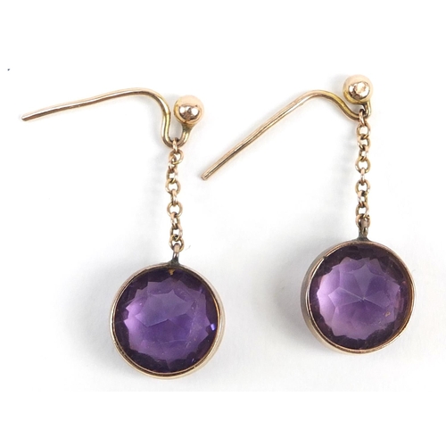 382 - Pair of antique unmarked gold amethyst drop earrings, 2.5cm high, 2.2g