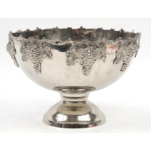 1169 - Large silver plated pedestal bowl with relief grape and vine decoration, 27cm high x 38cm in diamete... 