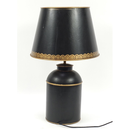 1164 - Toleware design table lamp and shade hand painted with a coat of arms, 71cm high