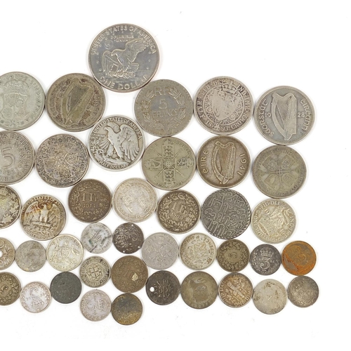 879 - Antique and later British and world coinage, some silver including 1893 half crown and 1936 half dol... 