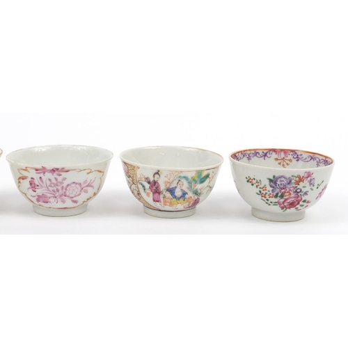 920 - Four Chinese porcelain tea bowls and a Japanese Kutani example, the largest 6cm high