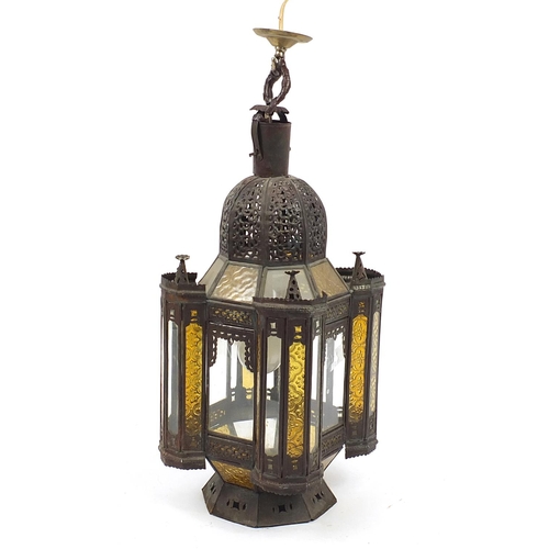 475 - Persian pierced hanging mosque lantern with glass panels, 61cm high