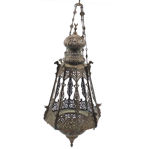 474 - Persian pierced brass hanging mosque lantern, 80cm high