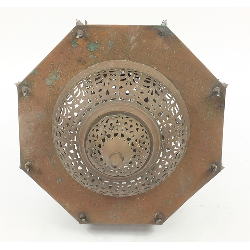 474 - Persian pierced brass hanging mosque lantern, 80cm high