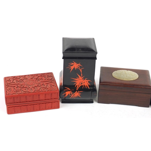 927 - Chinese boxes and containers including cinnabar lacquer example carved with flowers, hardwood exampl... 