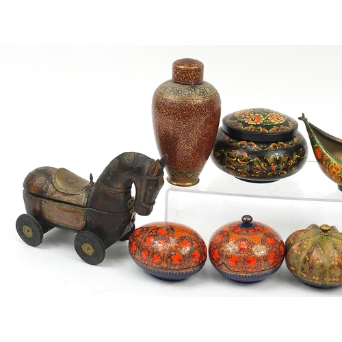 448 - Indian and Persian wooden ware and lacquer including a tea caddy finely hand painted and gilded with... 