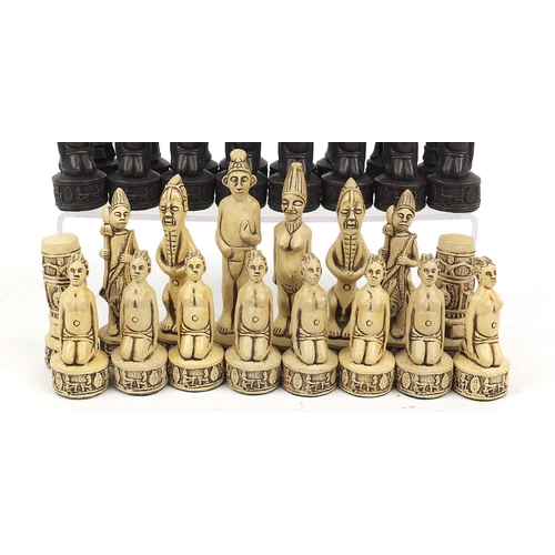 1246A - African design bronzed and ivorine chess set, the largest pieces each 15.5cm high