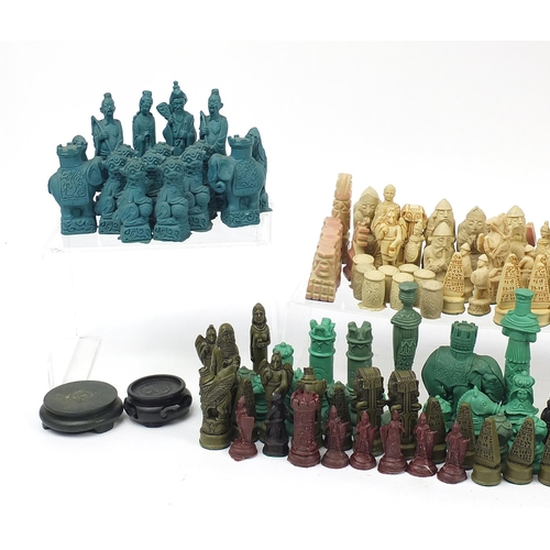 1250 - Large collection of chess sets and pieces including Chinese design pieces, the largest piece approxi... 