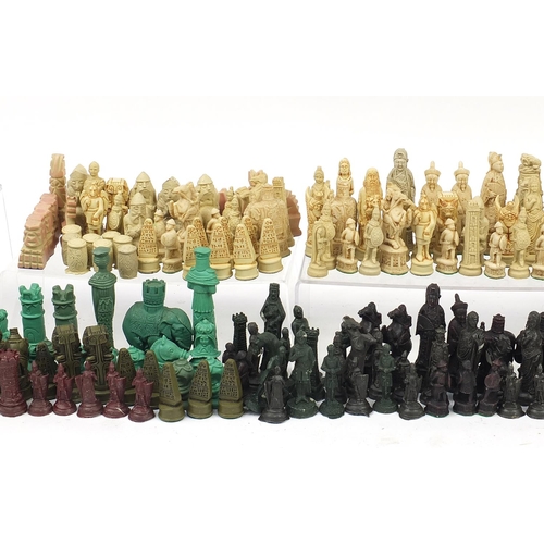 1250 - Large collection of chess sets and pieces including Chinese design pieces, the largest piece approxi... 