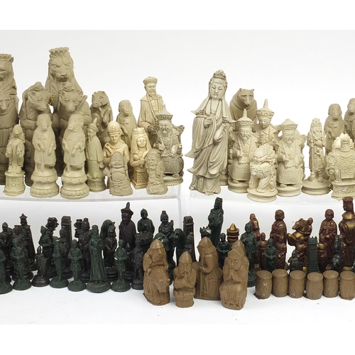 1250 - Large collection of chess sets and pieces including Chinese design pieces, the largest piece approxi... 