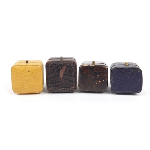 899 - Four antique velvet and silk lined ring boxes comprising A E Adams, Gaydon & Sons, J Dudley and Nort... 