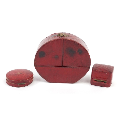 887 - Three Georgian leather, velvet and silk lined jewellery boxes, the largest 7cm high