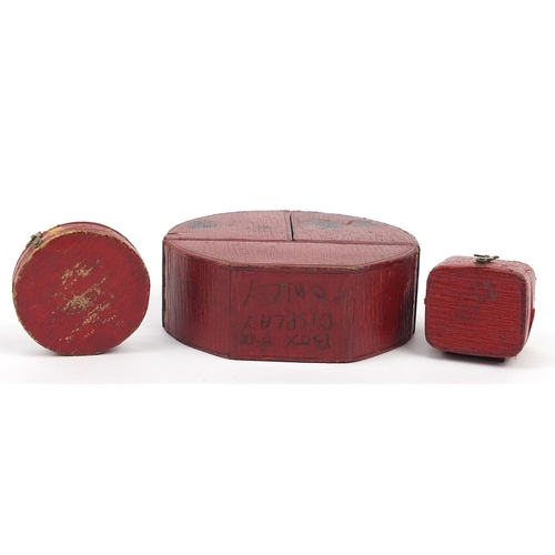 887 - Three Georgian leather, velvet and silk lined jewellery boxes, the largest 7cm high