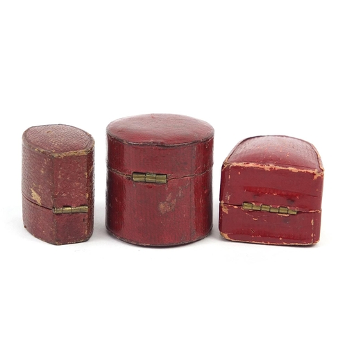 889 - Two Georgian leather, velvet and silk lined ring boxes and a thimble case, the largest 3cm high