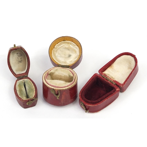 889 - Two Georgian leather, velvet and silk lined ring boxes and a thimble case, the largest 3cm high