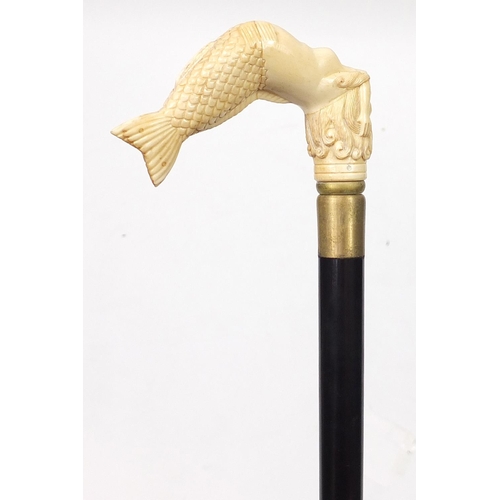 1132 - Hardwood walking stick with carved bone mermaid design handle, 93.5cm in length