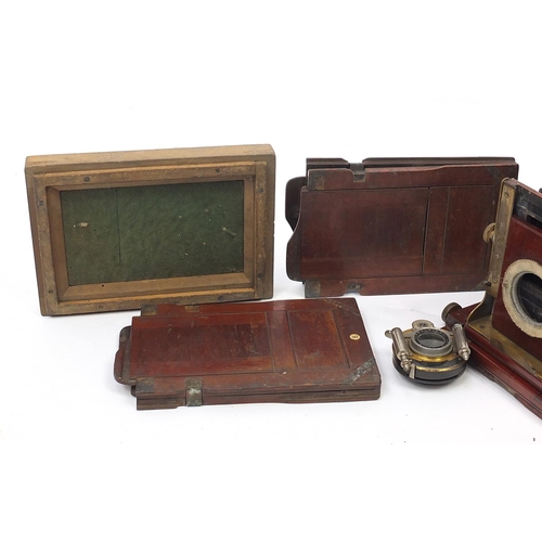 1160 - Victorian mahogany plate camera with plates and Beck symmetrical lens, the camera 17cm high