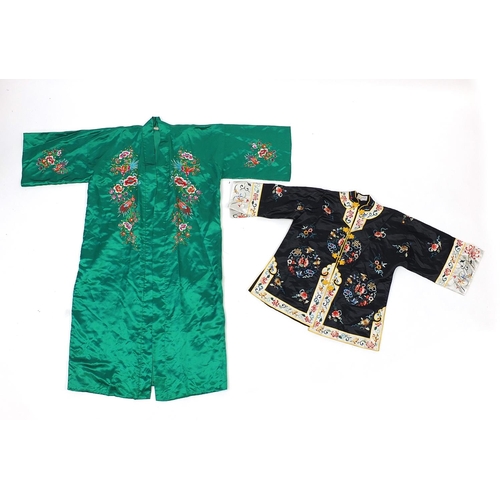 909 - Chinese silk robe and a jacket, each embroidered with birds and flowers