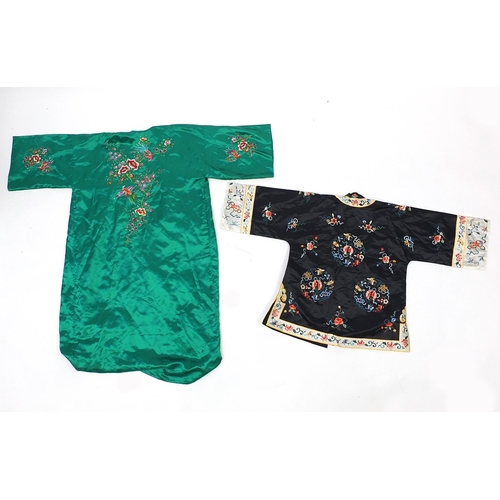 909 - Chinese silk robe and a jacket, each embroidered with birds and flowers