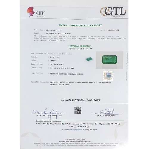 497 - Zambia emerald gemstone with certificate, approximately 1.78 carat