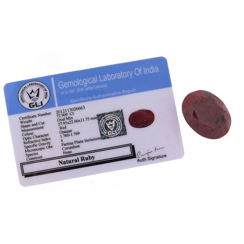 209 - Ruby gemstone with certificate, approximately 72.90 carat