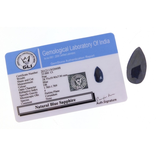 981 - Pear shape blue sapphire gemstone with certificate, approximately 32.0 carat