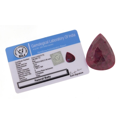 86 - Pear shape ruby gemstone with certificate, approximately 146.0 carat