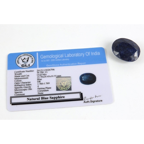 1090 - Blue sapphire gemstone with certificate, approximately 56.2 carat