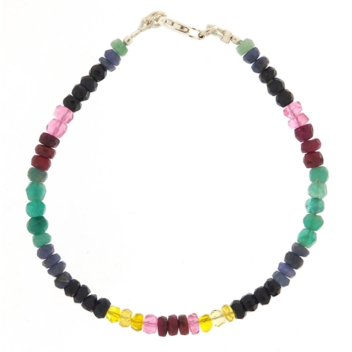 684 - Multi gem bracelet including ruby, emerald and sapphire, 16cm in length, 6.7g