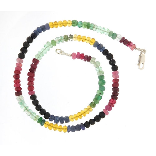 207 - Multi gem necklace including ruby, emerald and sapphire, 40cm in length, 18.4g