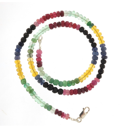 207 - Multi gem necklace including ruby, emerald and sapphire, 40cm in length, 18.4g