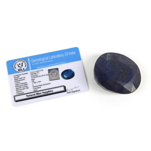 1139 - Blue sapphire gemstone with certificate, approximately 546.0 carat