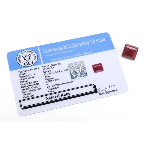 1044 - Square ruby gemstone with certificate, approximately 14.7 carat