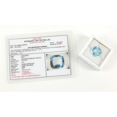 1209 - Square blue topaz gemstone with certificate, approximately 9.99 carat