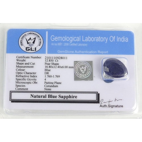 867 - Two gemstones with certificates comprising blue sapphire, approximately 12.85 carat and ruby, approx... 