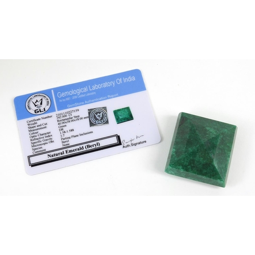 328 - Square cut beryl emerald gemstone with certificate, approximately 342.0 carat