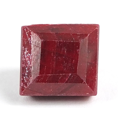 733 - Three gemstones with certificates comprising square cut ruby, approximately 11.0 carat, blue sapphir... 