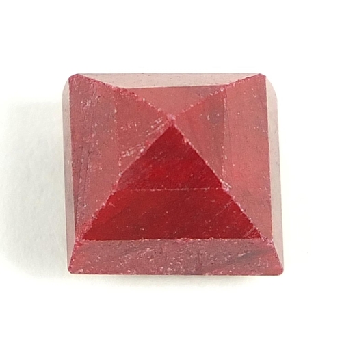 733 - Three gemstones with certificates comprising square cut ruby, approximately 11.0 carat, blue sapphir... 