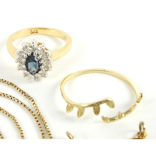 791 - Gold coloured jewellery including 14ct gold necklace, Madonna charm, horseshoe charm and two rings, ... 