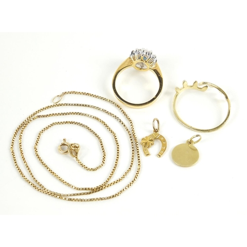 791 - Gold coloured jewellery including 14ct gold necklace, Madonna charm, horseshoe charm and two rings, ... 