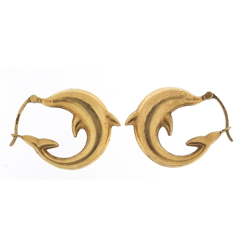 1145 - Pair of 9ct gold dolphin hoop earrings, 26mm high, 2.1g