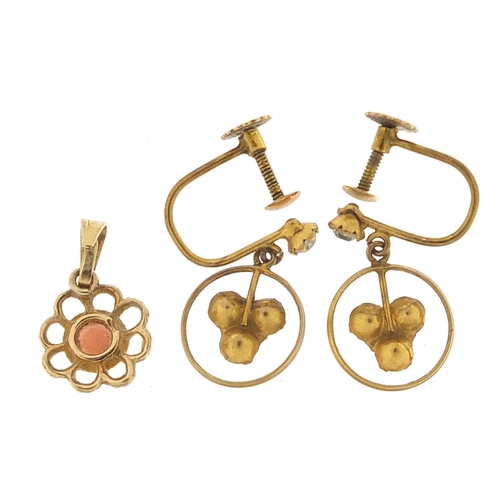 1195 - Pair of 9ct gold clear stone earrings with screw backs and a garnet pendant, the earrings 15mm high,... 