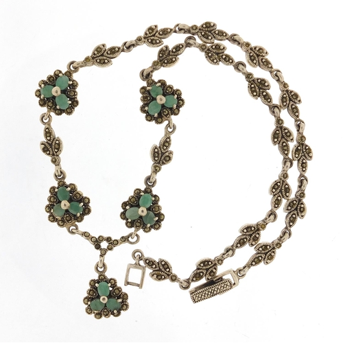 983 - Vintage unmarked silver, marcasite and green stone necklace, 40cm in length, 48.0g